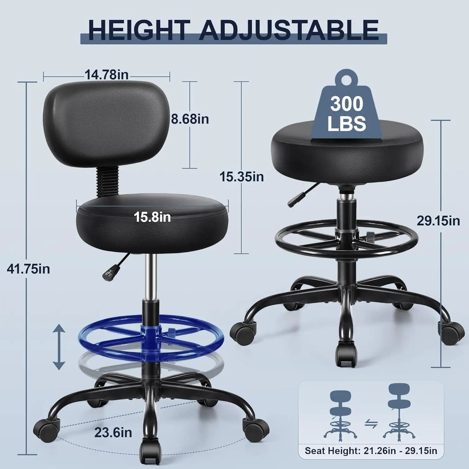 Brick Attic Drafting Chair with Backrest – Adjustable Foot Rest Rolling Stool with Wheels, PU Leather Swivel Stool for Office Spa Studio Lab Counter Salon Home Work Bar Kitchen Shop(Black) by Brick Attic