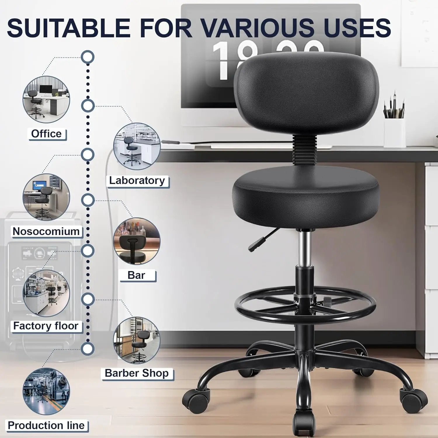 Black ergonomic adjustable PU leather swivel drafting chair with backrest and rolling footrest for standing desks.