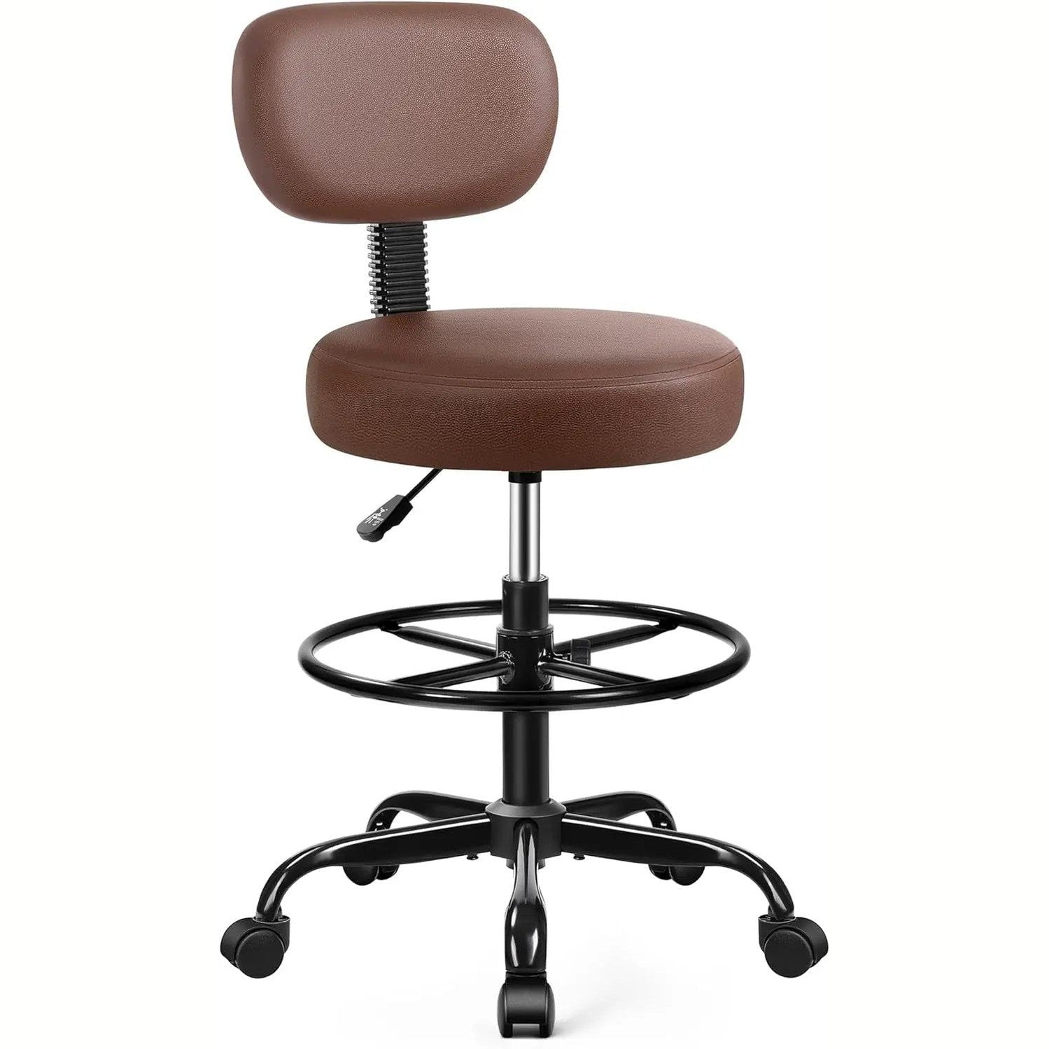 Black ergonomic adjustable PU leather drafting chair with swivel, backrest, rolling footrest, suitable for standing desks.