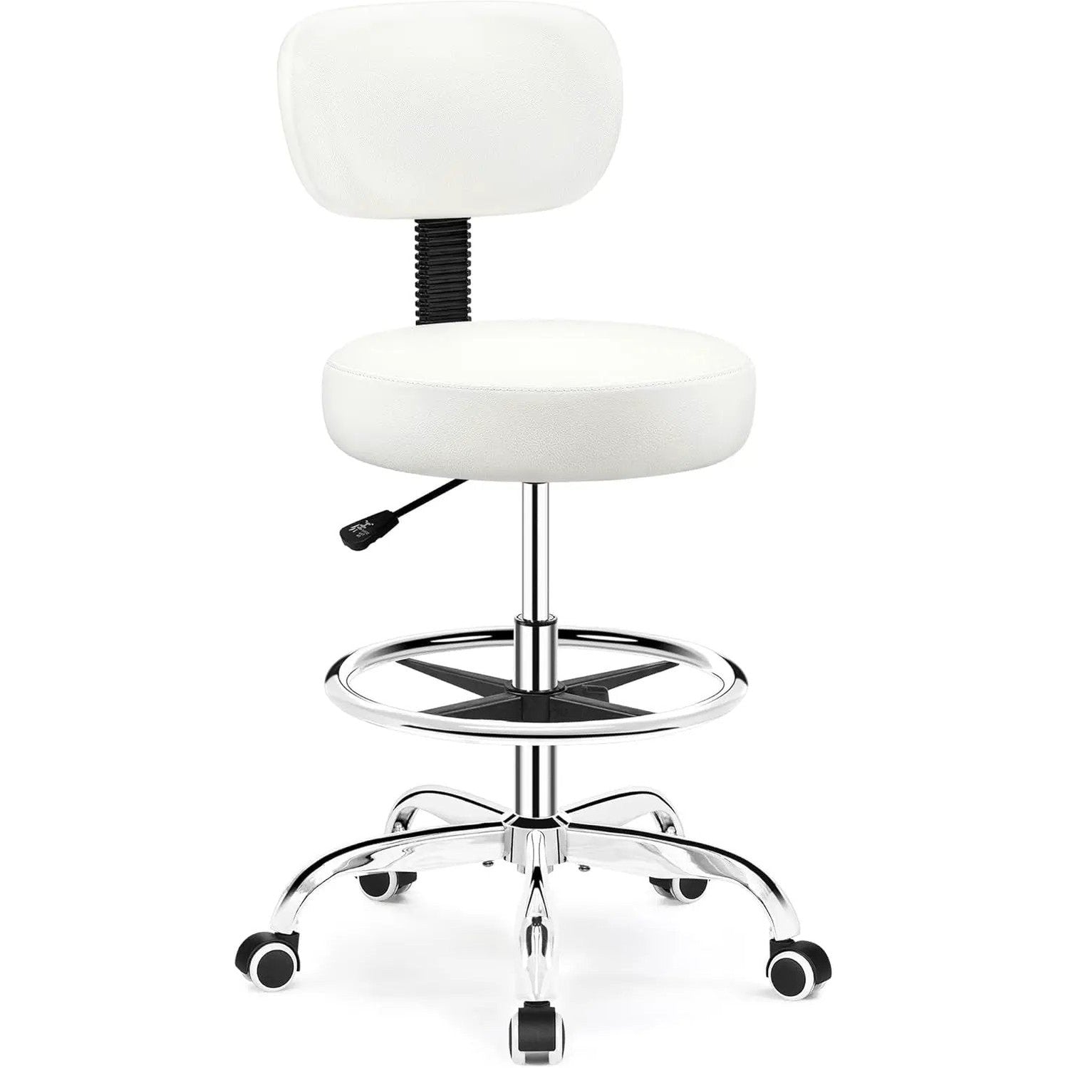 Black ergonomic adjustable PU leather drafting chair with swivel, backrest, rolling footrest, ideal for standing desks.