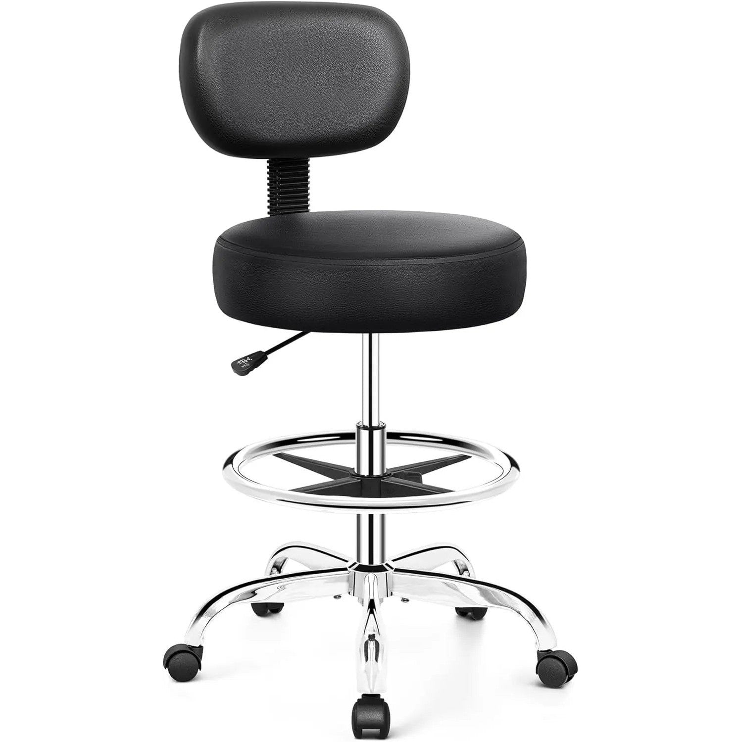 Black Brick Attic ergonomic adjustable PU leather drafting chair with swivel, backrest, and rolling footrest for standing desks.