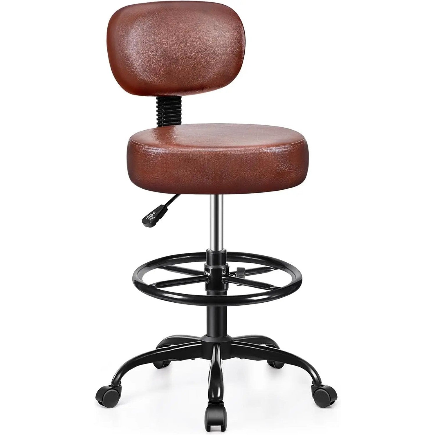 Black Brick Attic ergonomic adjustable PU leather drafting chair with swivel, backrest, and rolling footrest for standing desks.