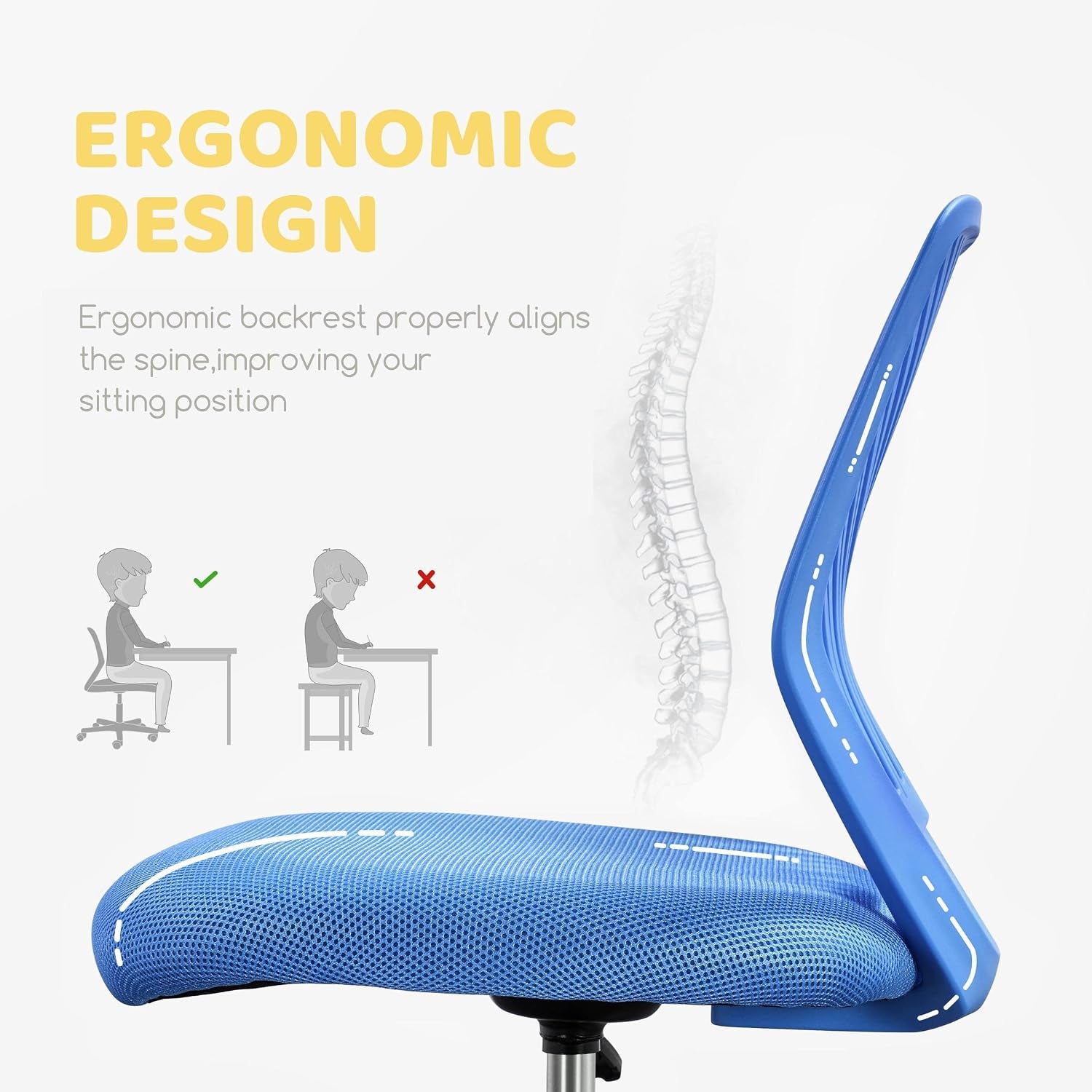 Yaheetech Small Desk Chair, Armless Adjustable Swivel Seat, Blue | Padded Mesh Seat and Ventilated Resin Back, Compact Armless Frame Rolls and Adjusts for Study and Small Desks, Holds 300 Lb.