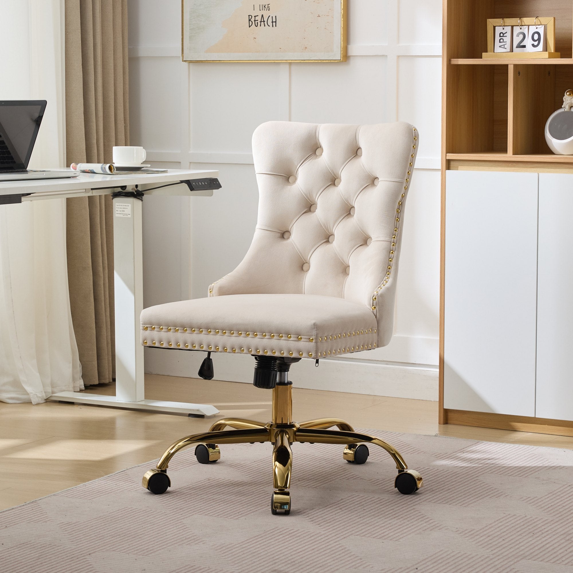 Beige Velvet Tufted Office Chair, A&A Furniture Modern Swivel Desk Chair with Golden Metal Base and Nailhead Trim - Platinum-Level Office Chairs