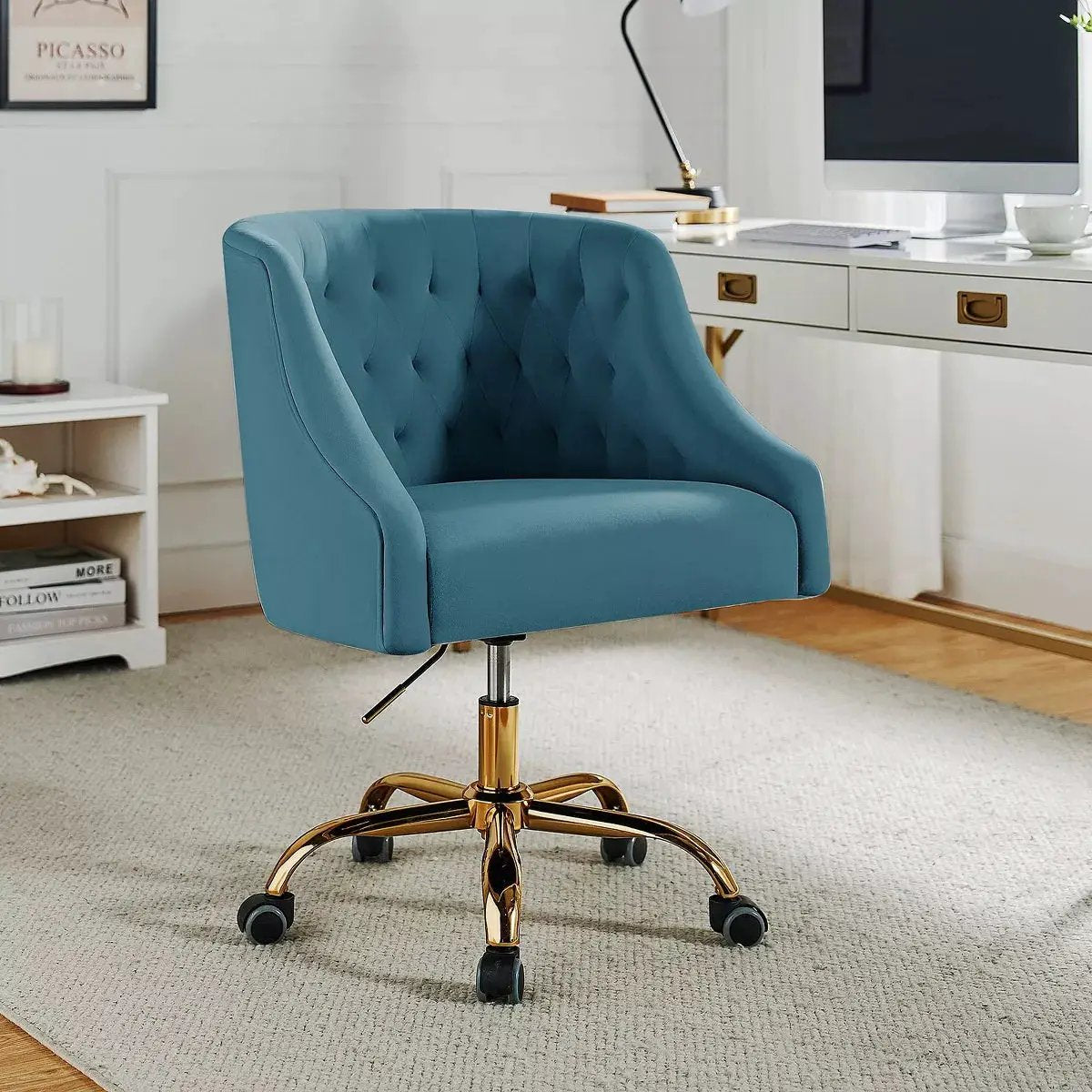 Anika Modern Velvet Height-Adjustable Swivel Task Office Chair with Button-Tufted Back and Gold Base | Karat Home
