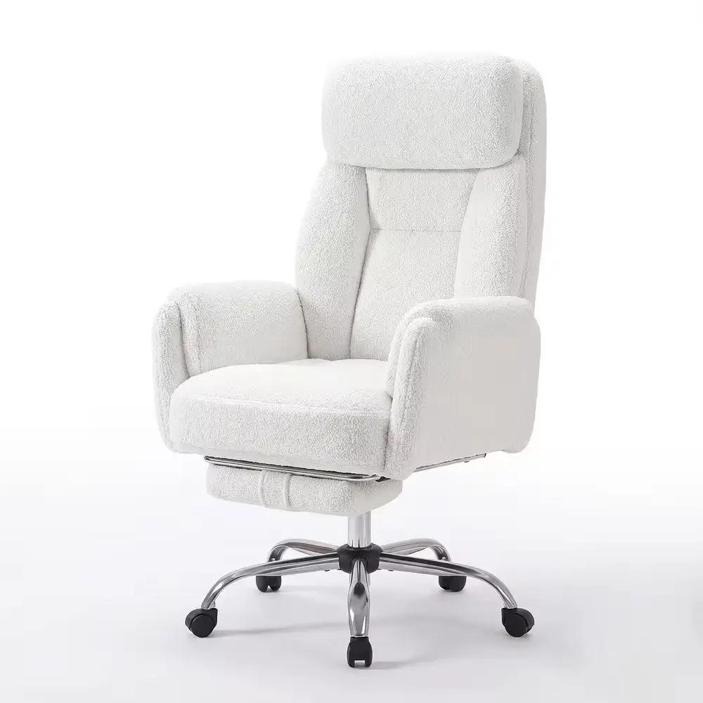 Big and Tall Teddy Fabric Footrest with Flip Armrests Office Chair in White, Cross Legged Computer Desk Chair