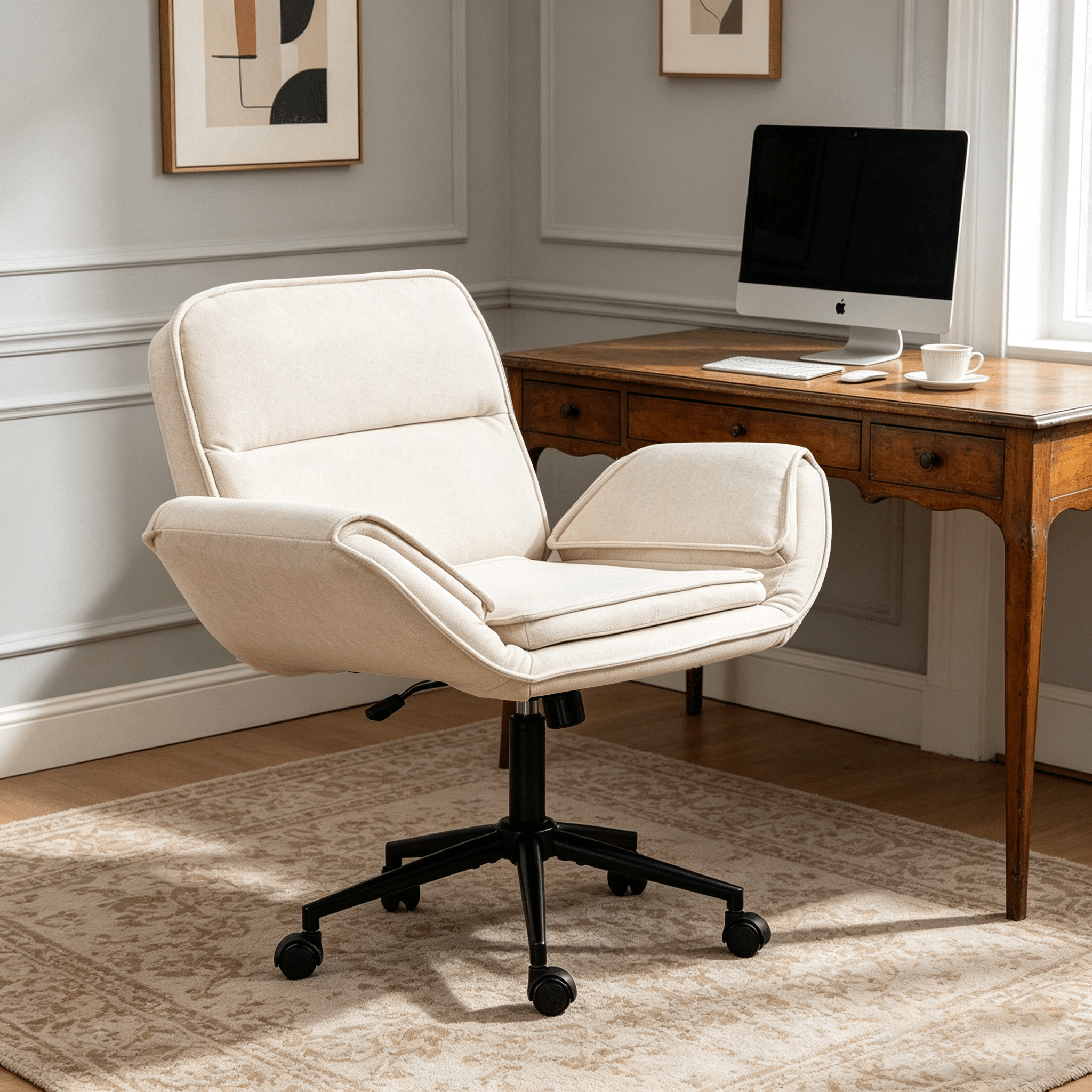 Beige Cat Scratch Resistant Fabric Swivel Desk Chair