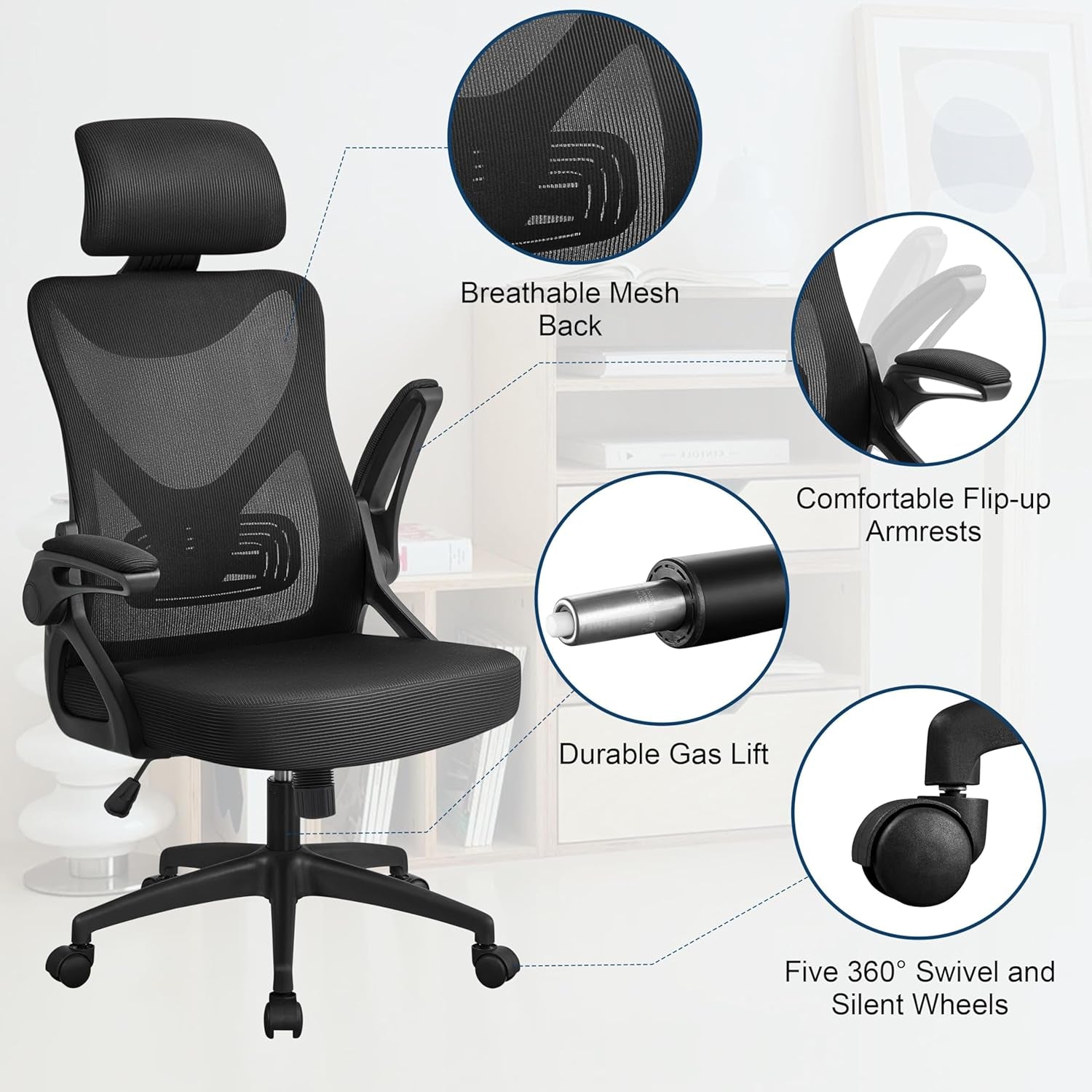 Yaheetech Ergonomic Office Chair with Headrest, Lumbar Support, Black | Breathable Mesh High-Back Adjustable Headrest, Padded Seat, and Flip-Up Armrests Supports Your Back and Neck, Holds 300Lb