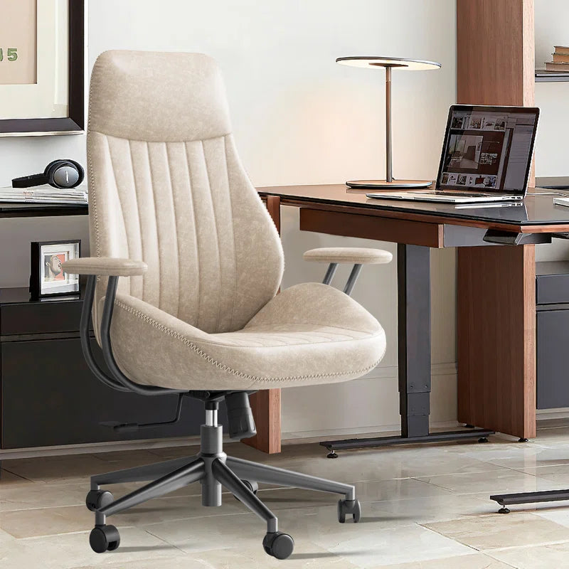 Albaugh Ergonomic Office Chair, High Back Swivel Rolling Executive Chair, Mid-Century Faux Lether with Lumbar Support, Large Computer Desk Task Chair with Suede Fabric for Home