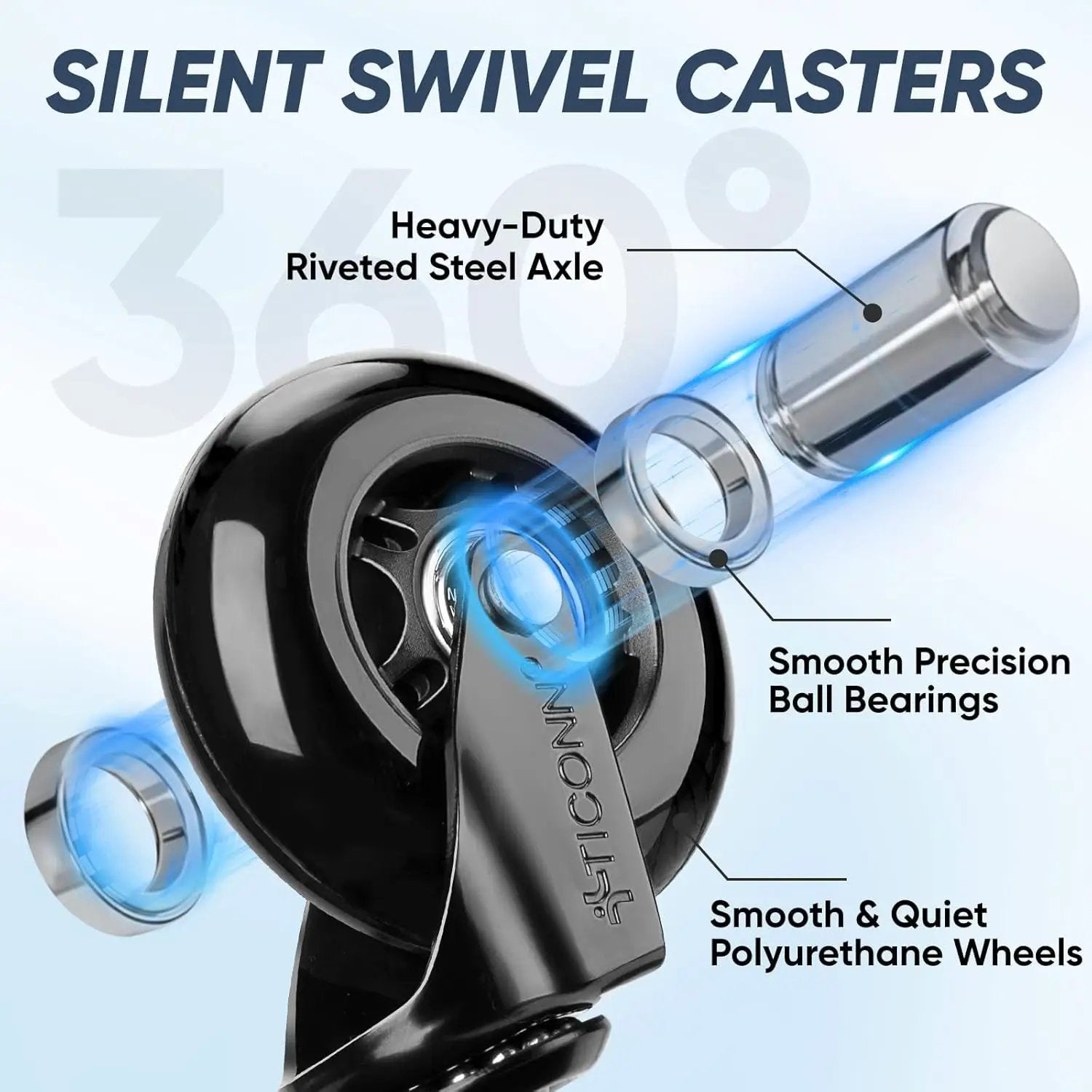 TICONN office chair caster wheels set of 5, black polyurethane; silent, smooth swivels for tile, wood and carpets.
