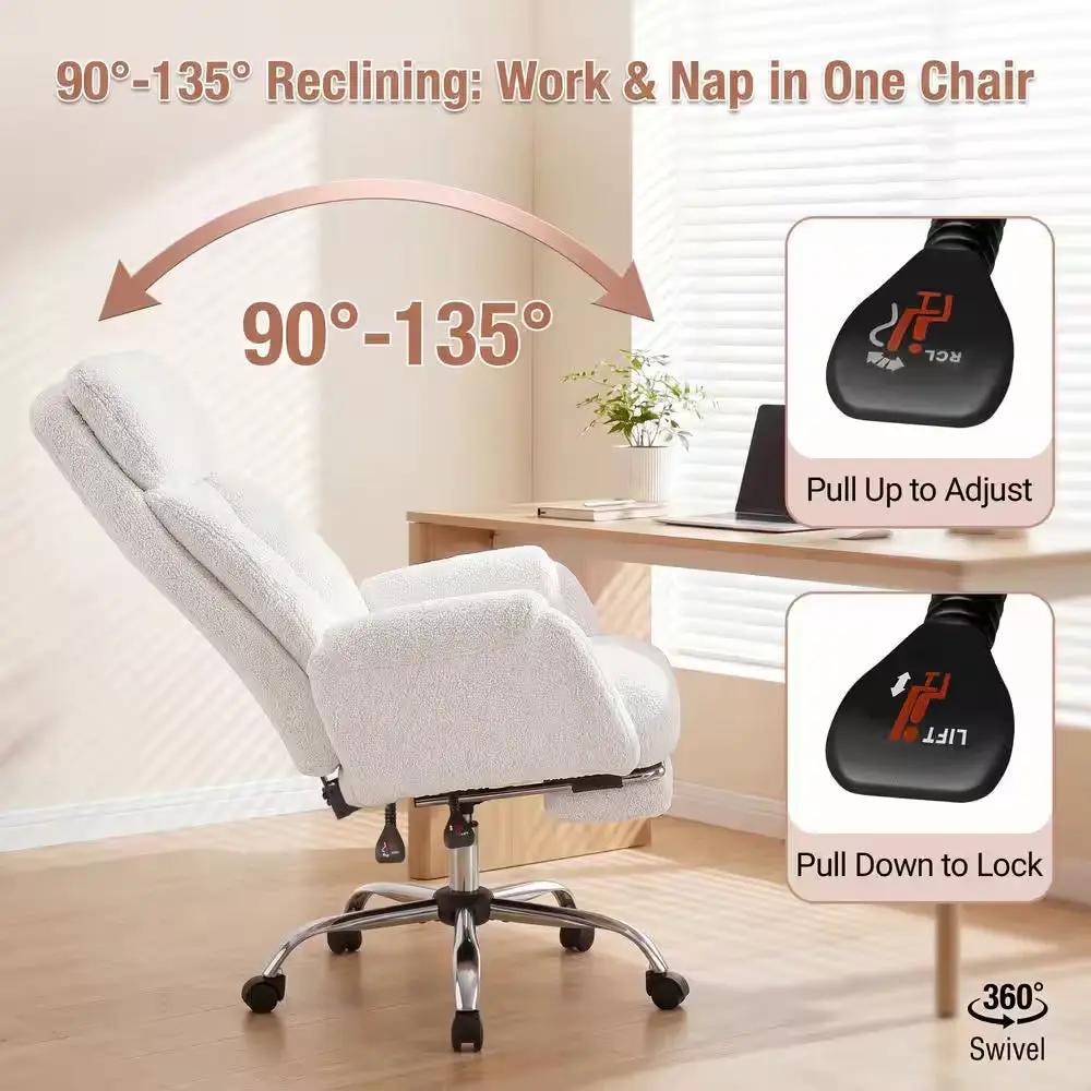 Big and Tall Teddy Fabric Footrest with Flip Armrests Office Chair in White, Cross Legged Computer Desk Chair