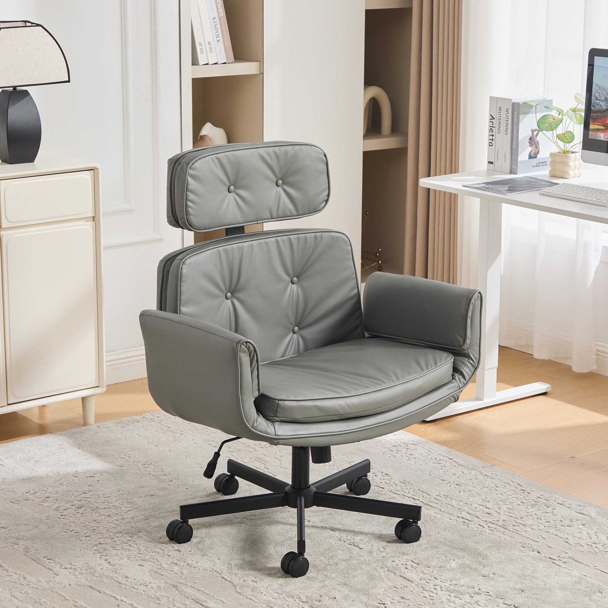 Grey PU Leather Criss Cross Chair with Armrests and Headrest