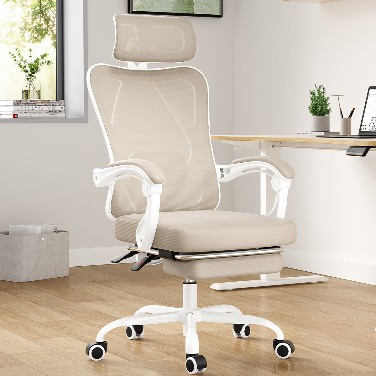 White and khaki ergonomic office chair with mesh back, headrest, adjustable lumbar support, and footrest for home office use.