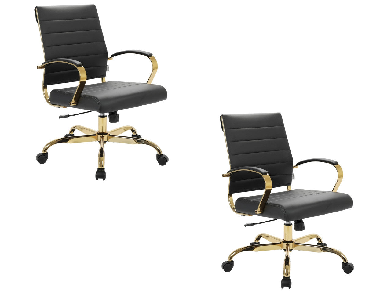 Set of 2 black leather office chairs, gold accents, ergonomic swivel