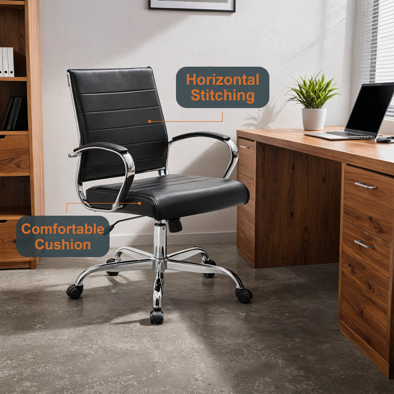 30 PCS Benmar Leather Office Desk Computer Chair with Ribbed Seat and Steel Frame - Black