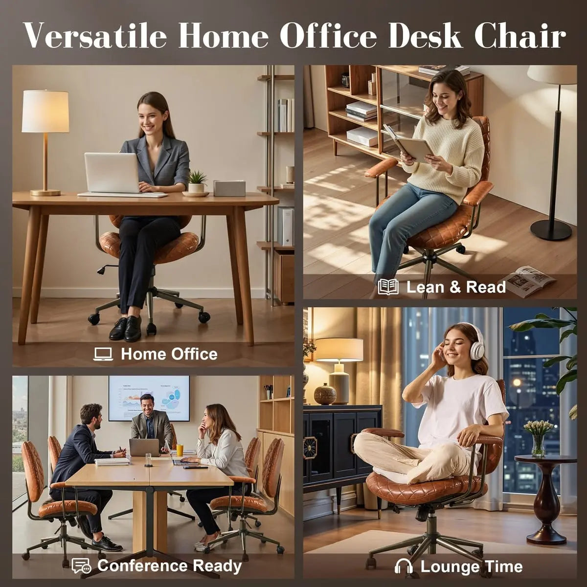 HOOOWOOO Mid-Century Leather Ergonomic Adjustable Swivel Office Chair