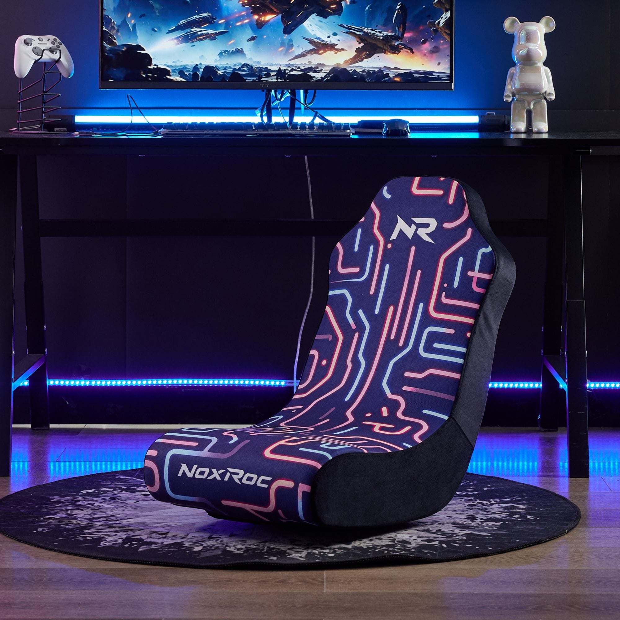 Circuit Pattern Fabric Gaming Floor Rocker Chair Pink and Black