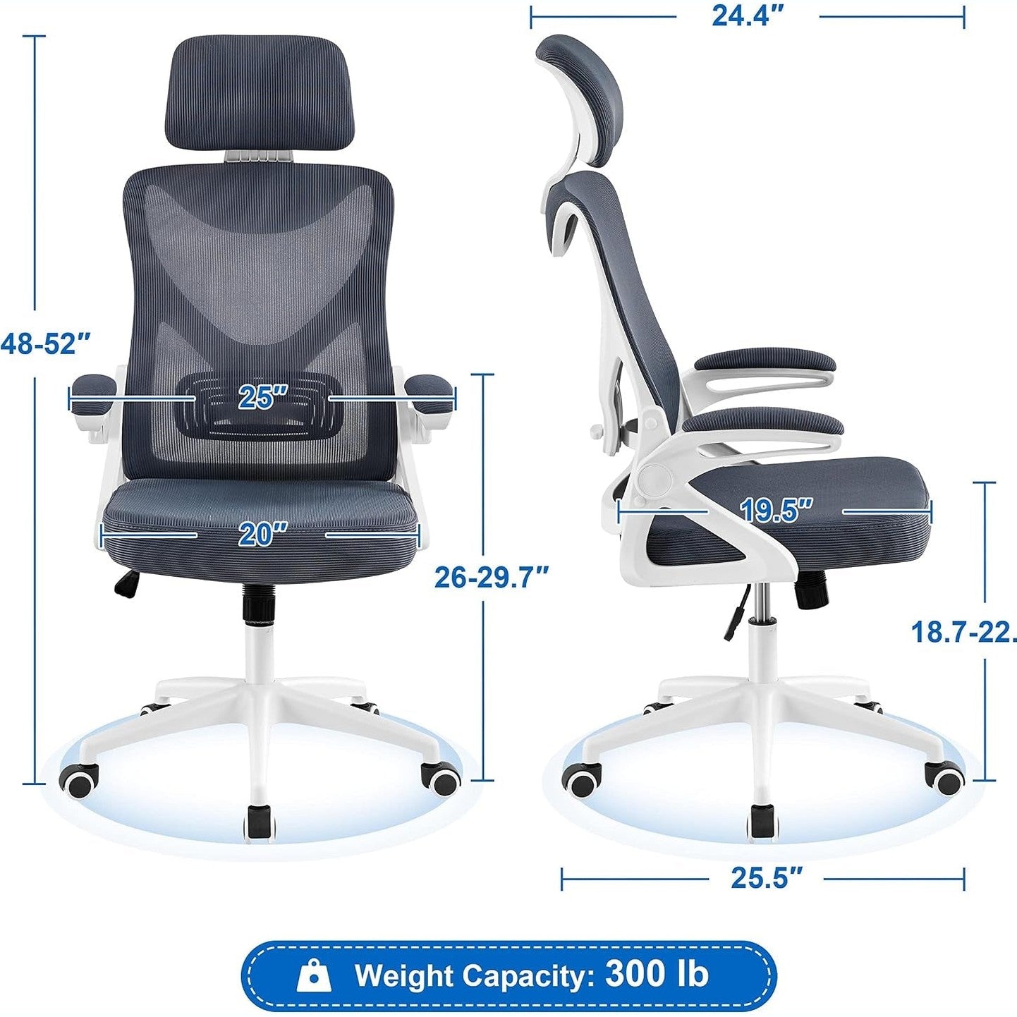 Yaheetech Ergonomic Office Chair with Headrest, Lumbar Support, White/Gray | Breathable Mesh High-Back Adjustable Headrest, Padded Seat, and Flip-Up Armrests Supports Your Back and Neck, Holds 300Lb
