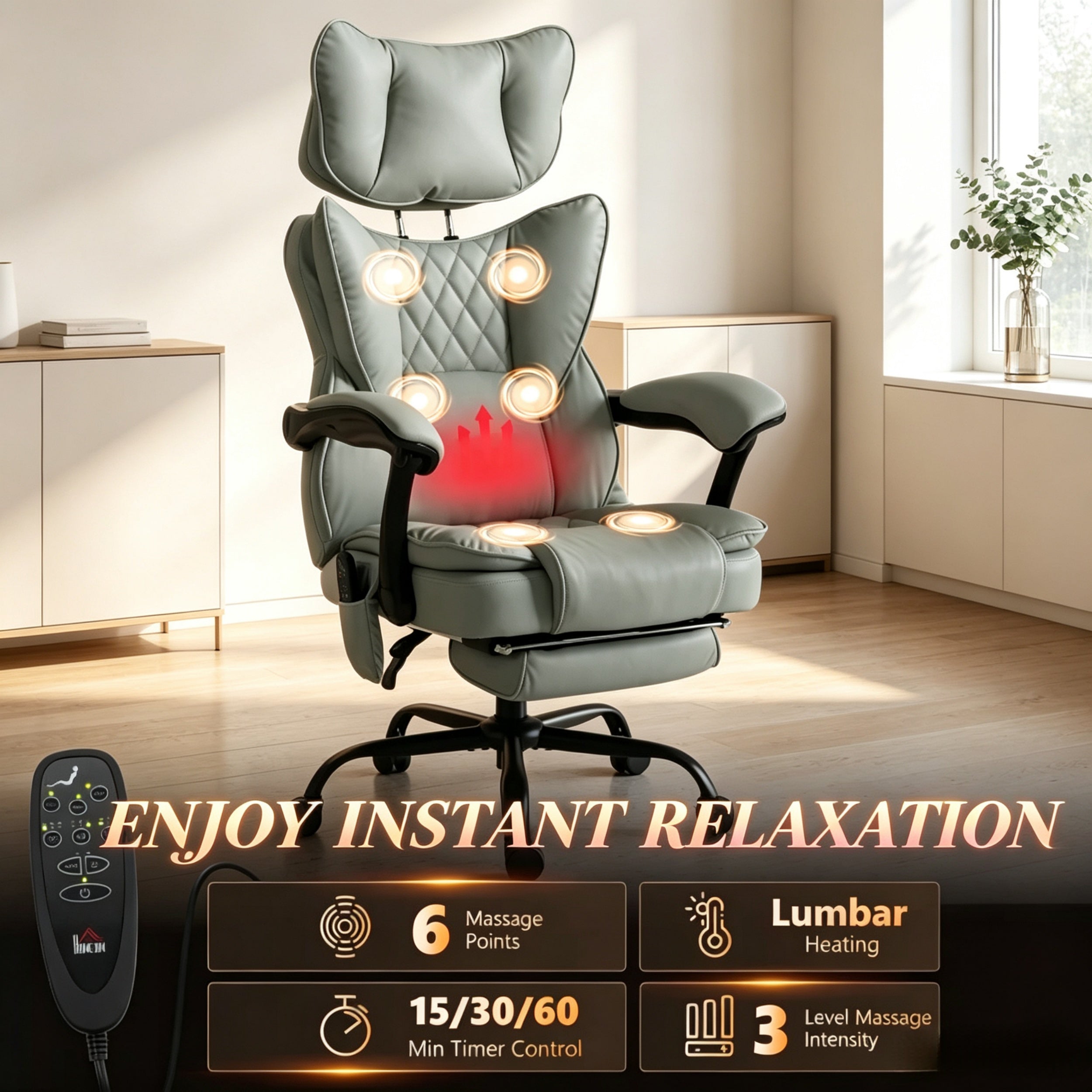 Gray PU Leather Reclining Massage Office Chair with Heat