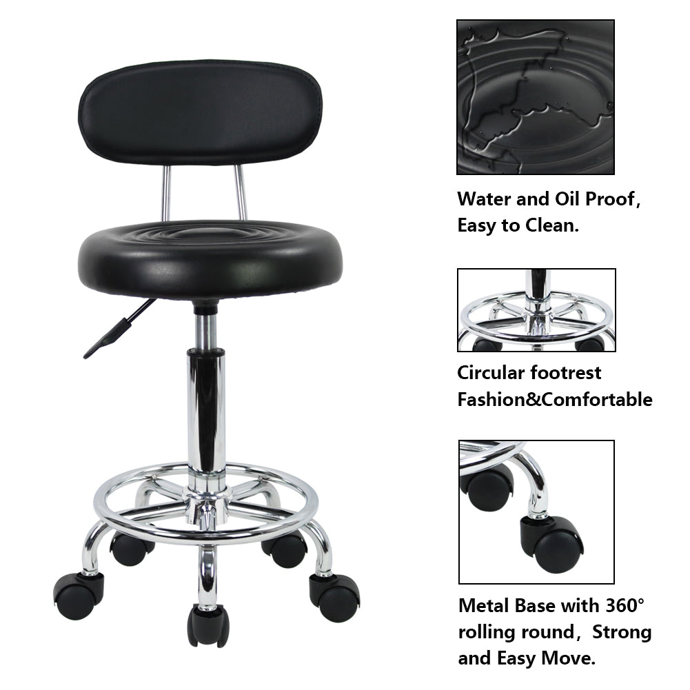 Adjustable PU Leather Rolling Stool With Low Back And Footrest