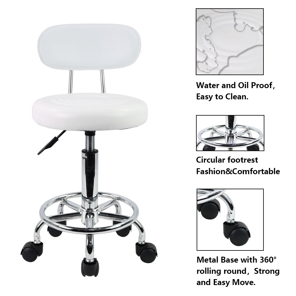 PU Leather Rolling Stool with Adjustable Height and Footrest