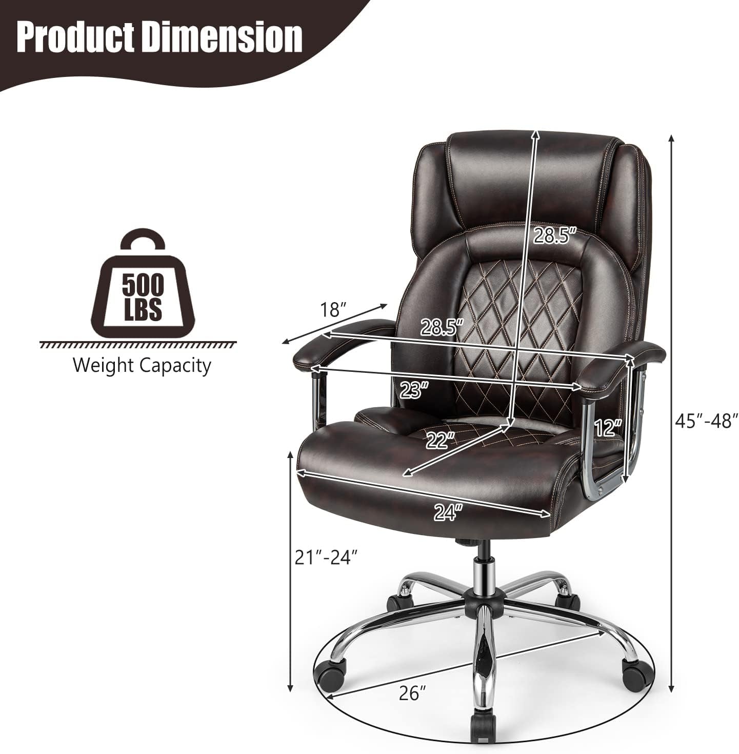 POWERSTONE Big and Tall Office Chair - 500LBS High Back Executive Desk Chair Adjustable Leather Computer Chair Home Office Extra Wide Swivel Task Chair for Heavy People Adults Brown