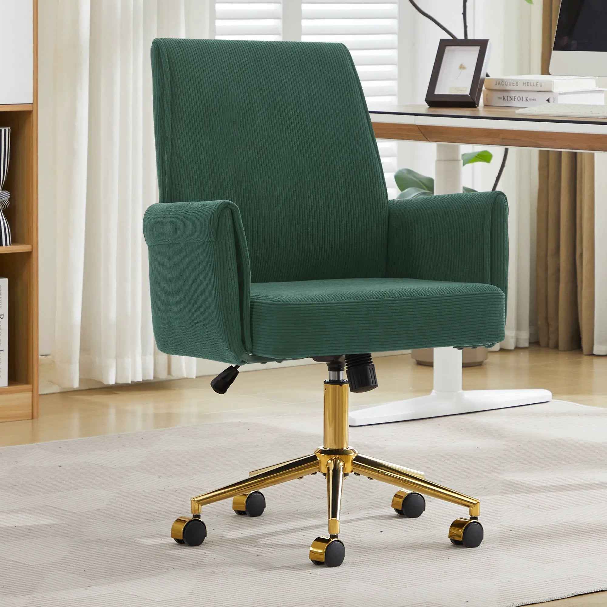 Green Corduroy Ergonomic Office Chair with Gold Base