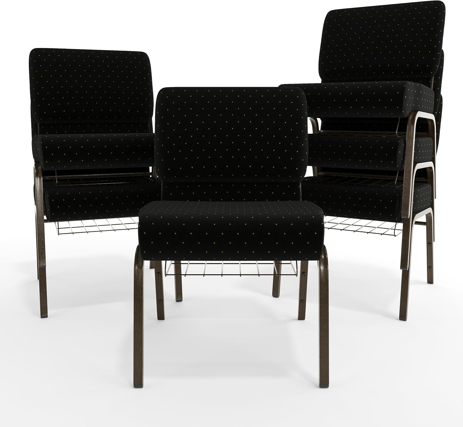 Flash Furniture HERCULES Series 21''W Church Chair in Black Dot Patterned Fabric with Cup Book Rack - Gold Vein Frame