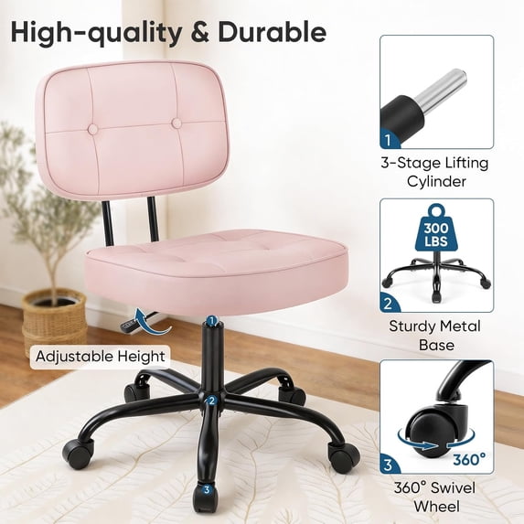 Pink Armless PU Leather Adjustable Rolling Desk Chair - Platinum-Level Office Chairs