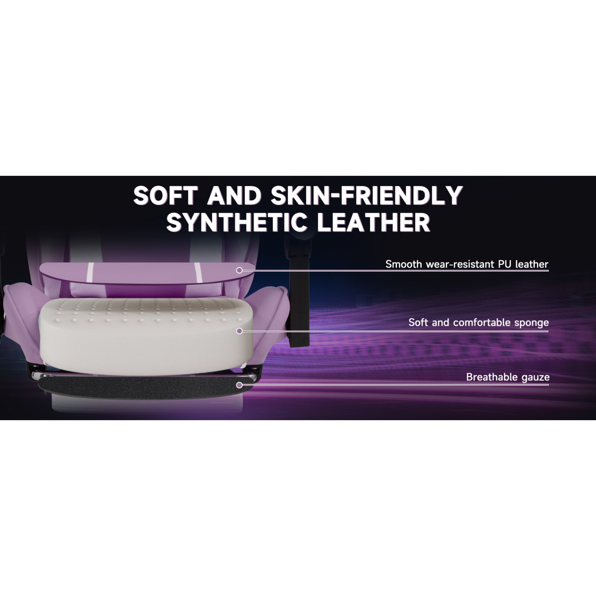 Purple and White Ergonomic Gaming Chair with Footrest - synthetic leather