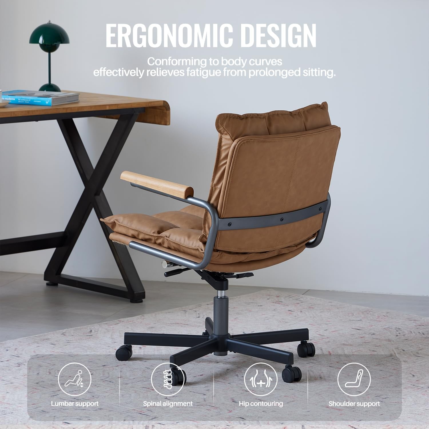 Home Office Desk Chair, Leather Ergonomic Computer Chair with Wheels, Adjustable Height Rolling Swivel Executive Chair, Camel Brown