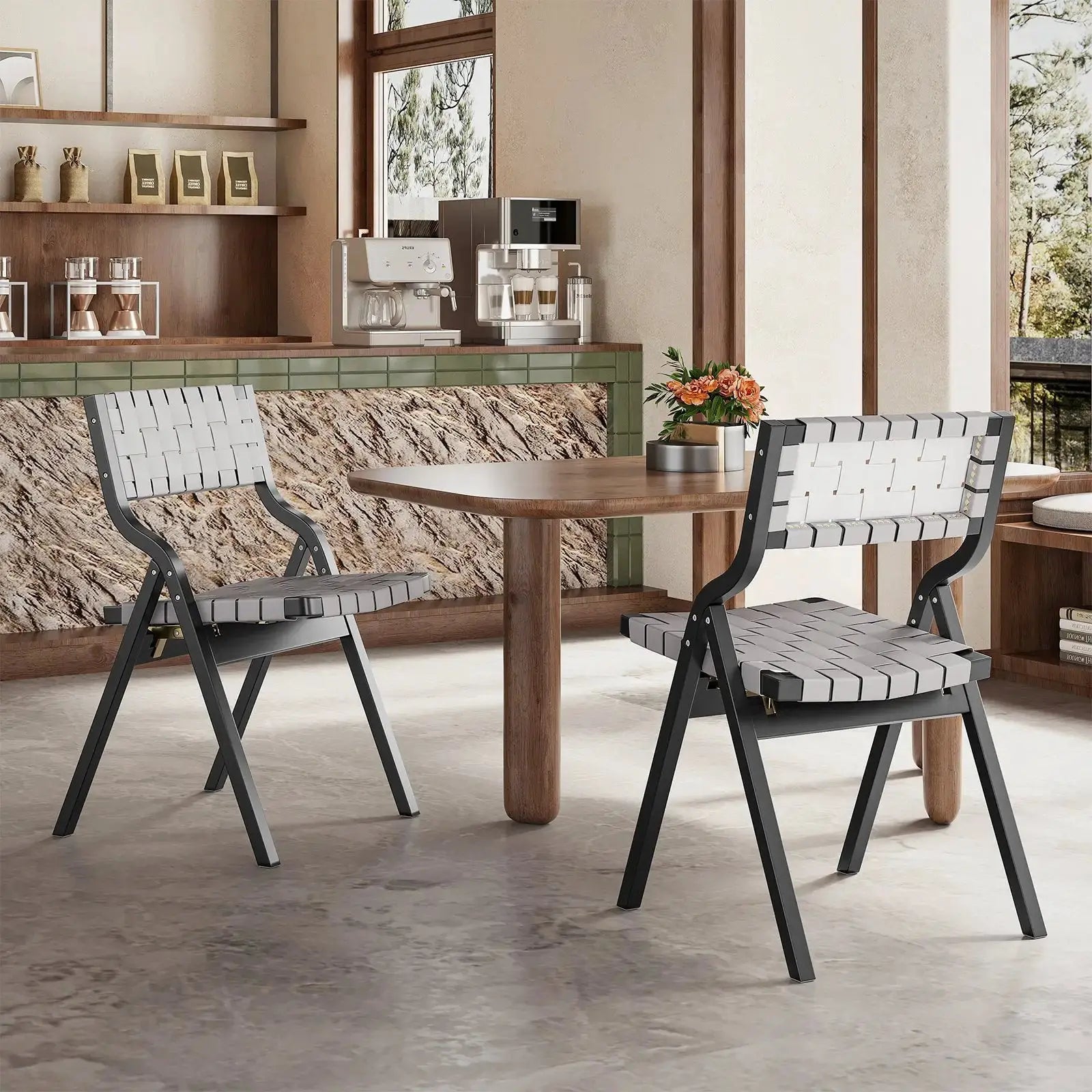 Black Wood Folding Chairs with Woven Seats - Set of 2 - Platinum-Level Office Chairs