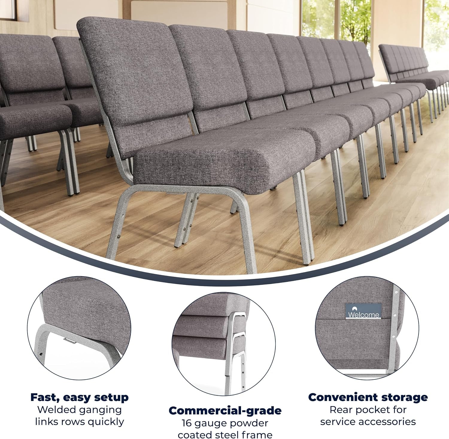 Flash Furniture HERCULES Series 21''W Stacking Church Chair in Gray Fabric - Silver Vein Frame
