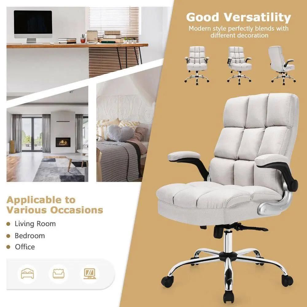 High Back Big and Tall Office Chair Adjustable Swivel Withflip-Up Arm Beige