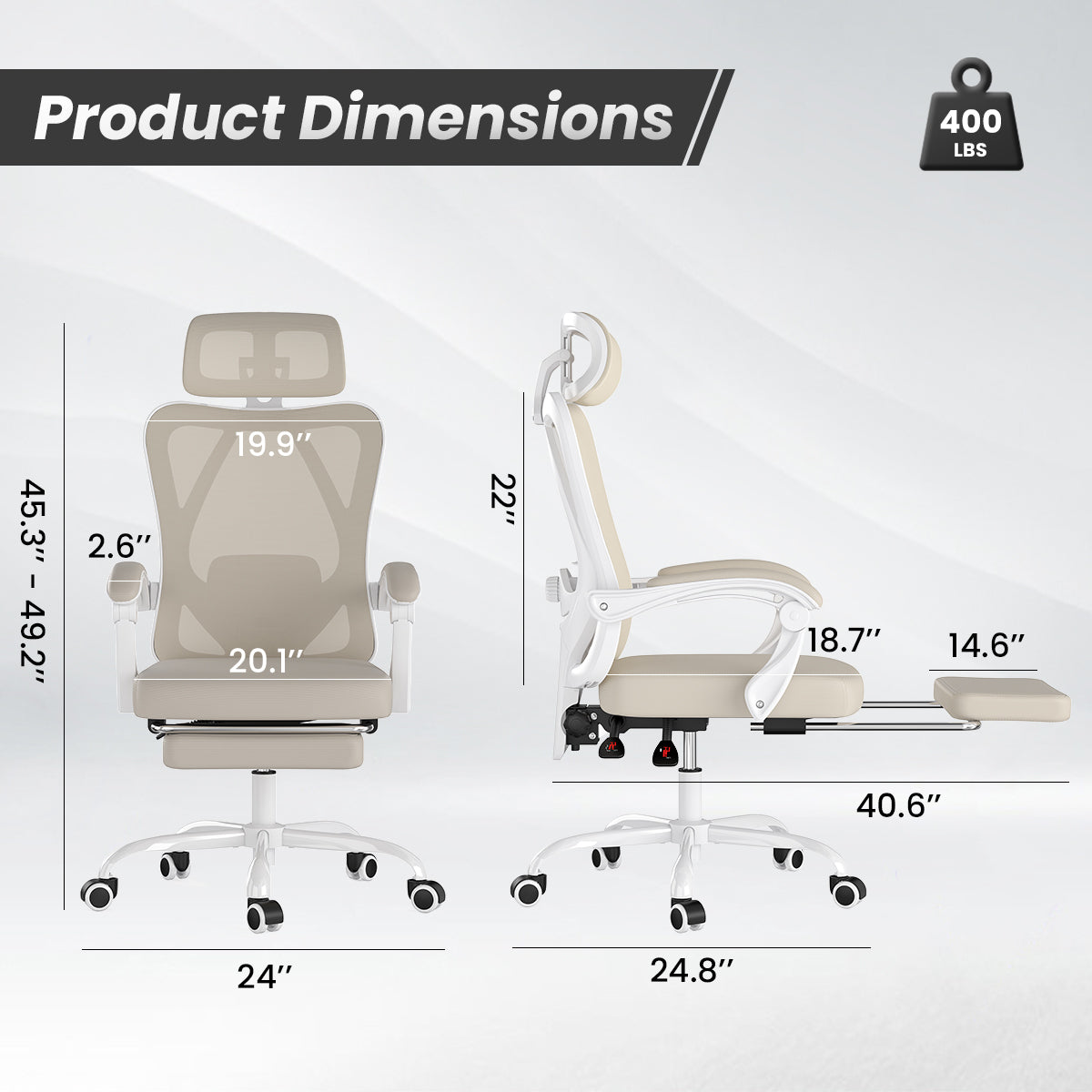 White and khaki ergonomic office chair with mesh back, headrest, footrest, and adjustable lumbar support for home or study use.