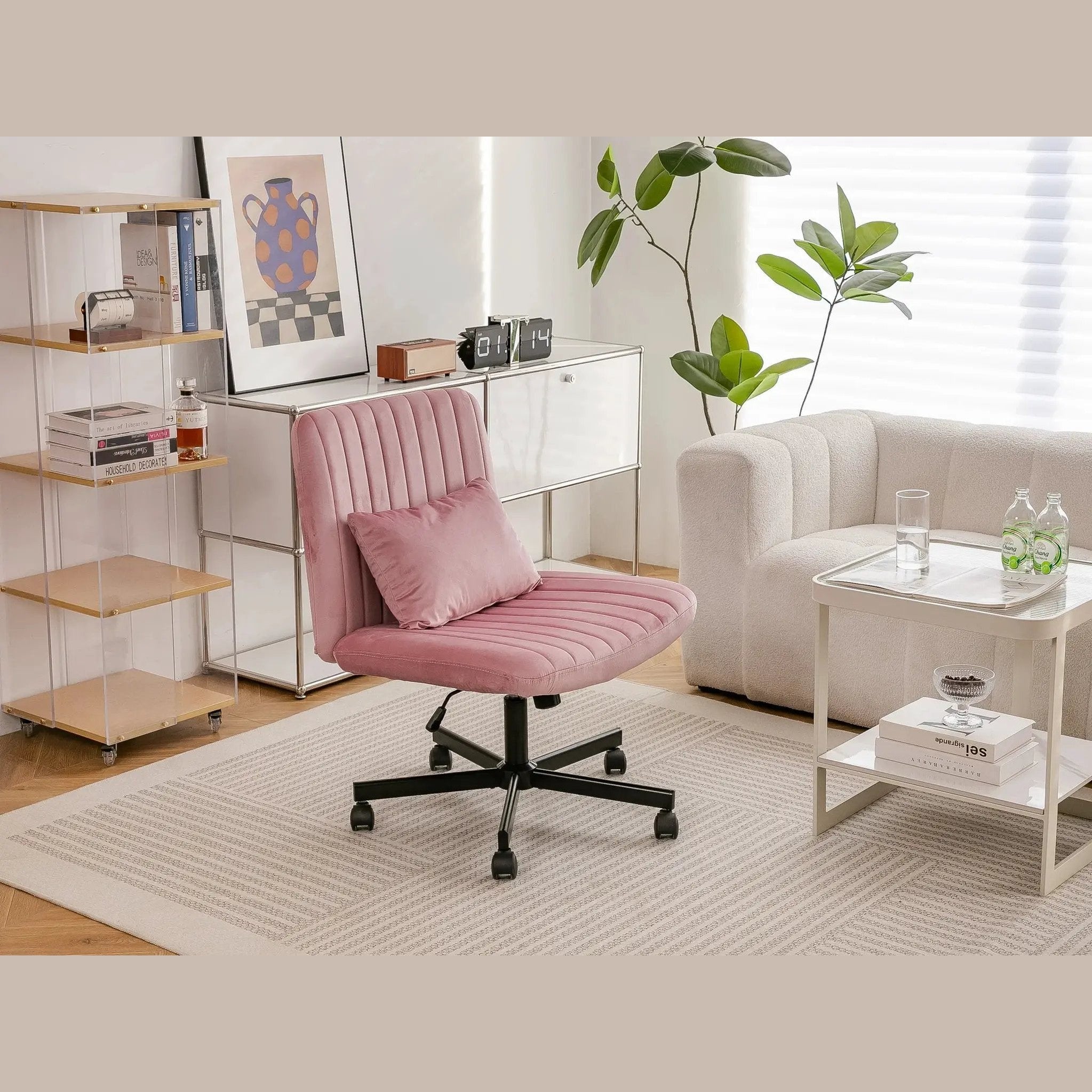 Light Pink Velvet Criss Cross Armless Office Chair With Wheels Makeup by Platinum-Level Office Chairs