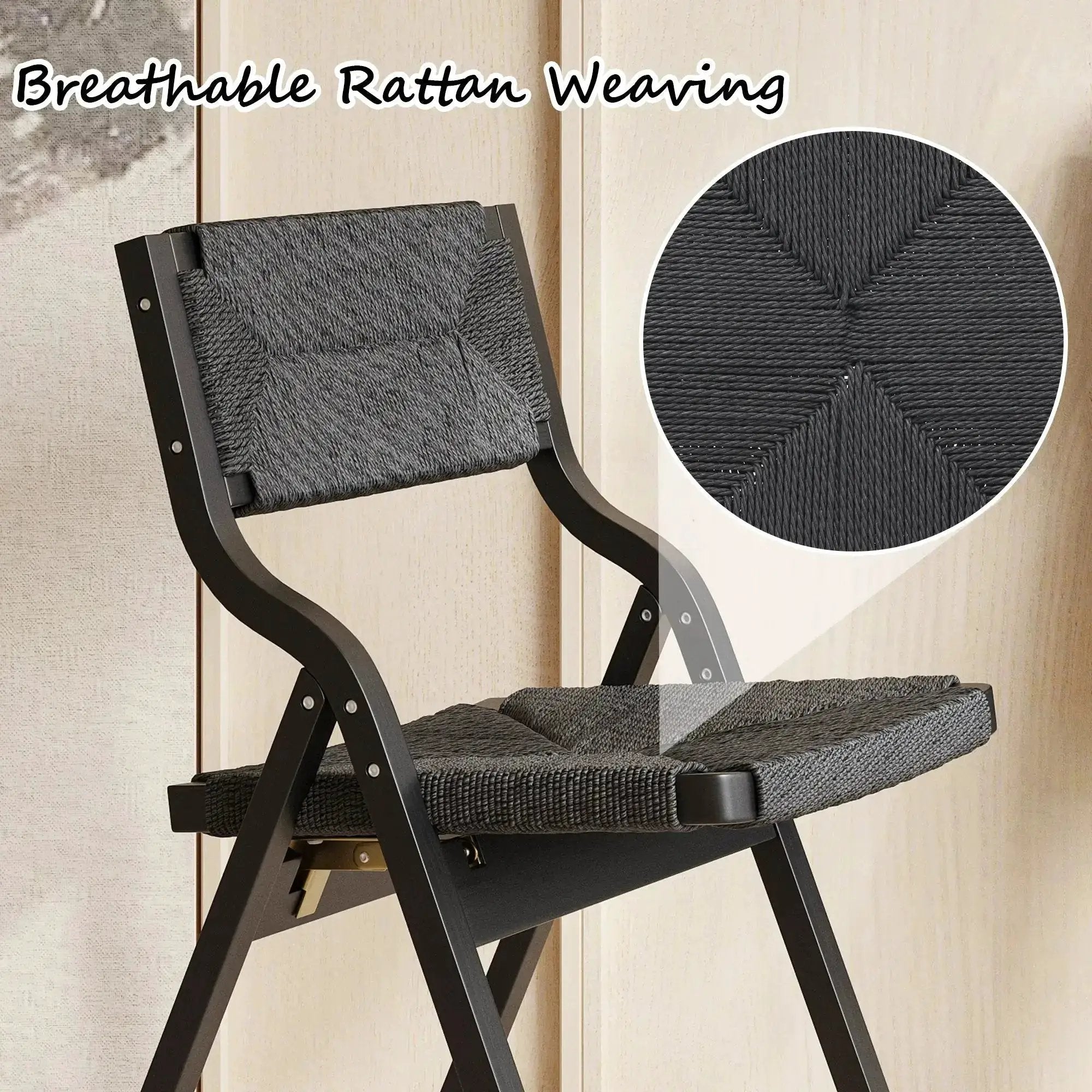 Black Woven Folding Dining Chairs - Space-Saving Set of 2 - Platinum-Level Office Chairs