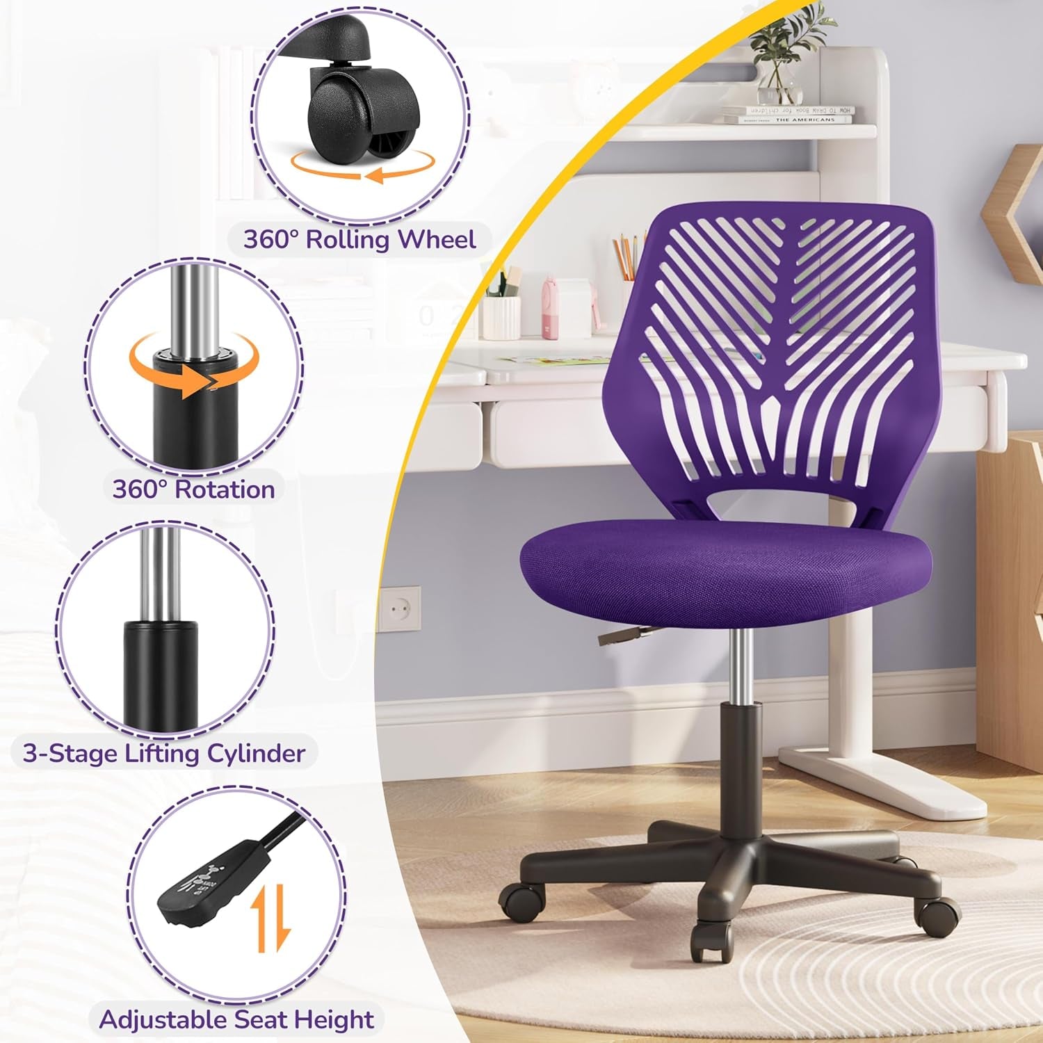 Yaheetech Student Desk Chair, Low-Back Armless Study Chair with Lumbar Support, Adjustable Swivel Office Chair for Home Bedroom School, Purple
