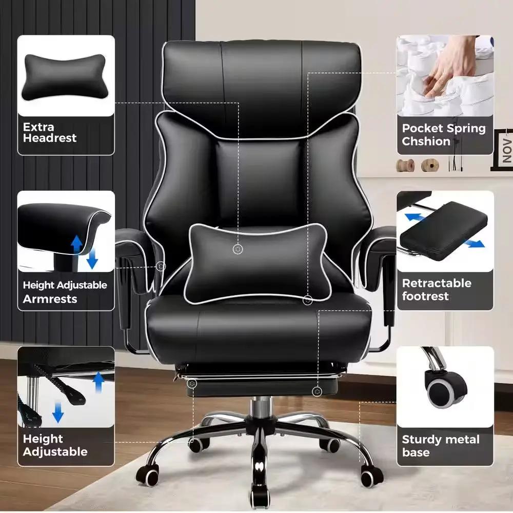 Big and Tall Faux Leather Office Chair Adjustable Height High Back Ergonomic Gaming Chair, Black and White