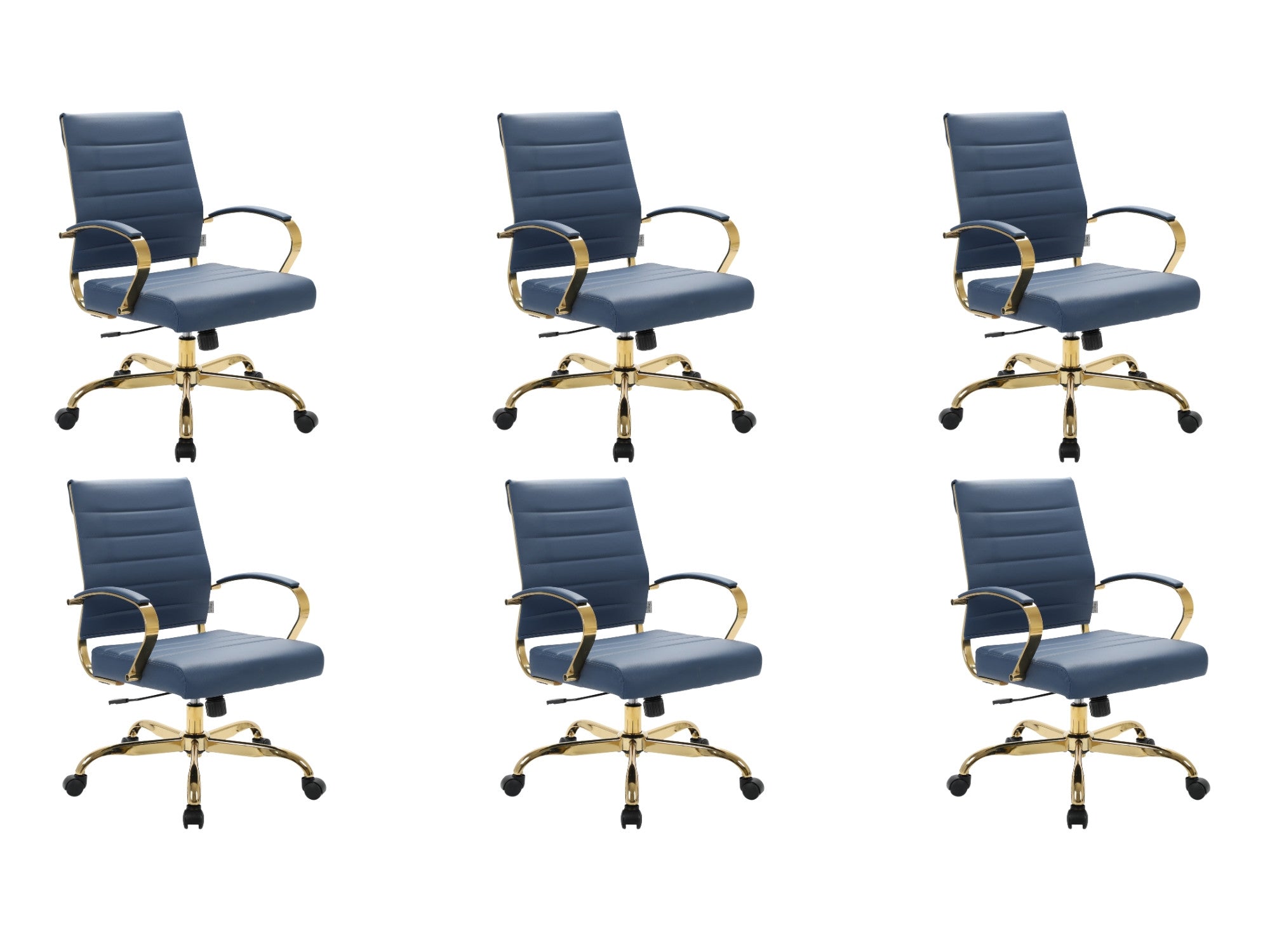 Benmar navy blue leather ergonomic office chairs, gold frame, set of 6