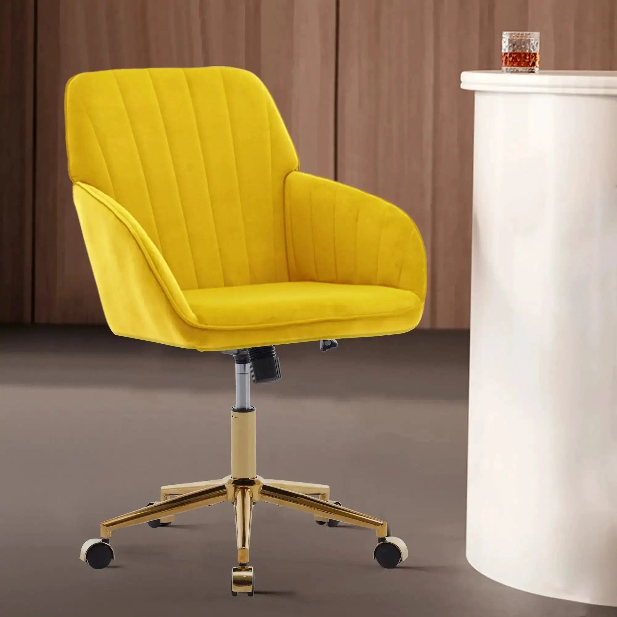 Bright Yellow Velvet Office Chair with Gold Base - Adjustable & Stylish - Platinum-Level Office Chairs