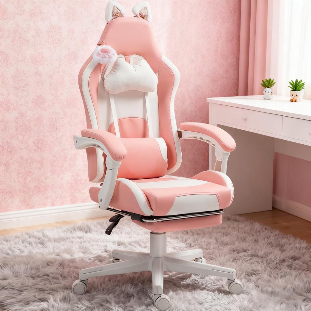 Pink Gaming Chair With Footrest And Lumbar Support For Comfort