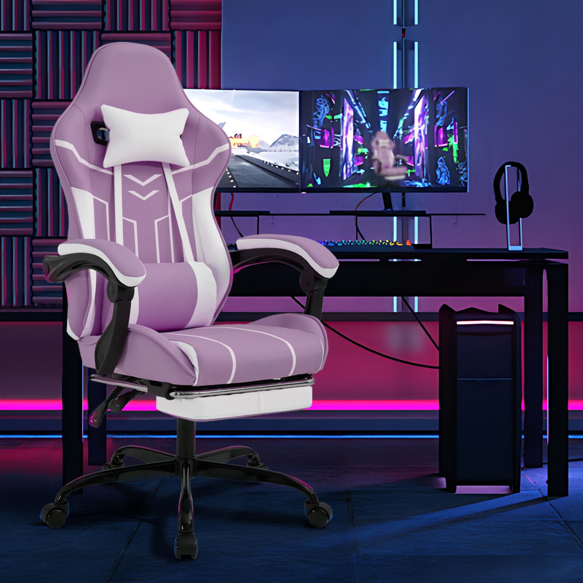 Purple and White Ergonomic Gaming Chair with Footrest - gaming setup lifestyle
