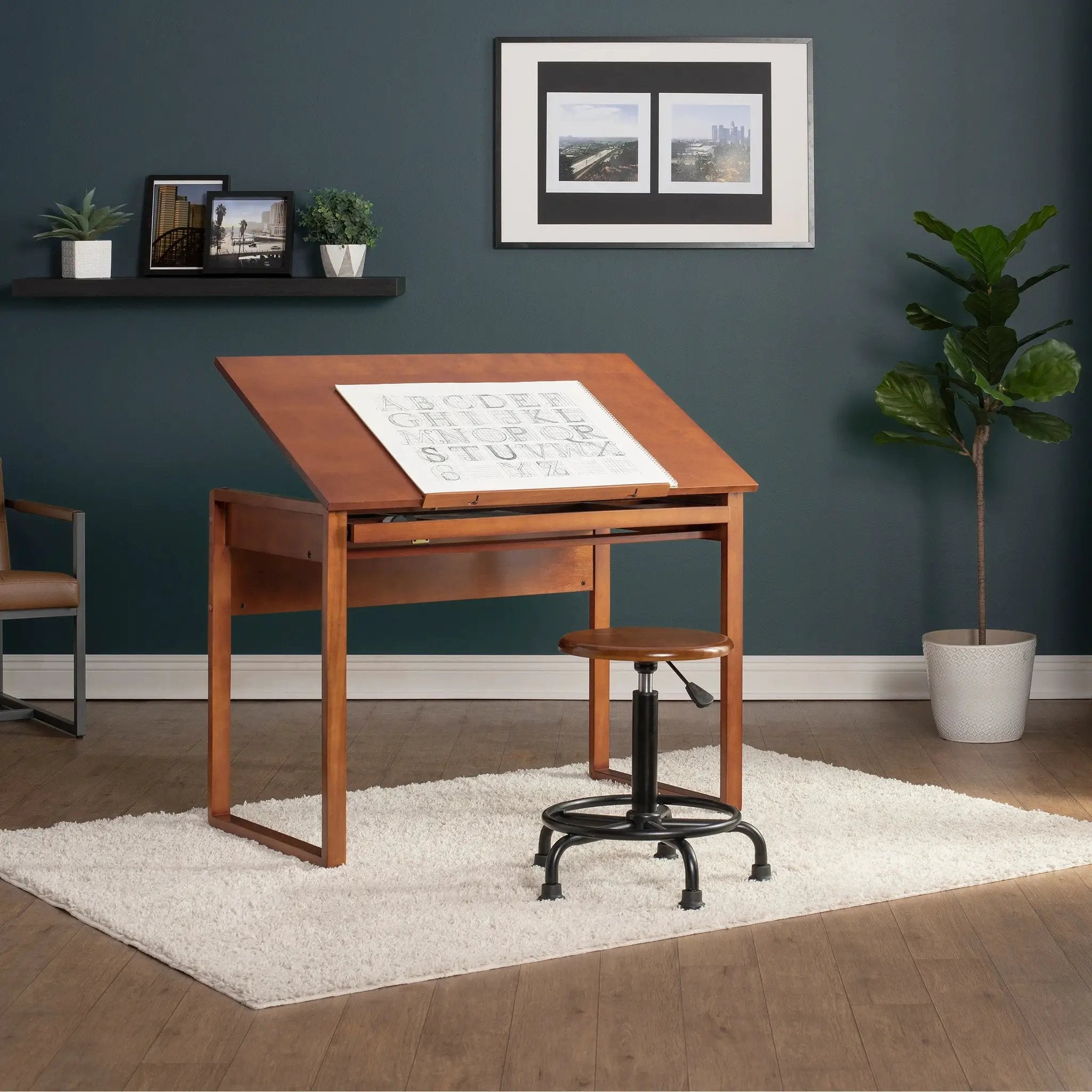 Retro Wood Drafting Stool with Adjustable Height Seat