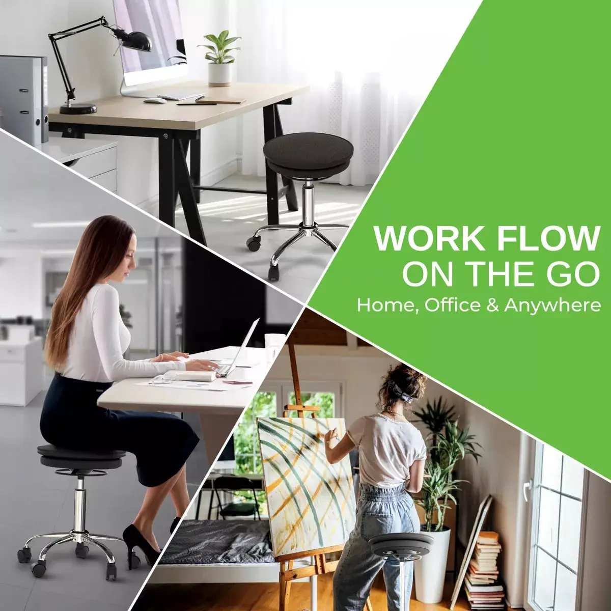 Wobble Stool Air Adjustable Office Chair Black - Uncaged Ergonomics: Rolling Balance, Core Engagement, Polyester Upholstery, Steel Frame