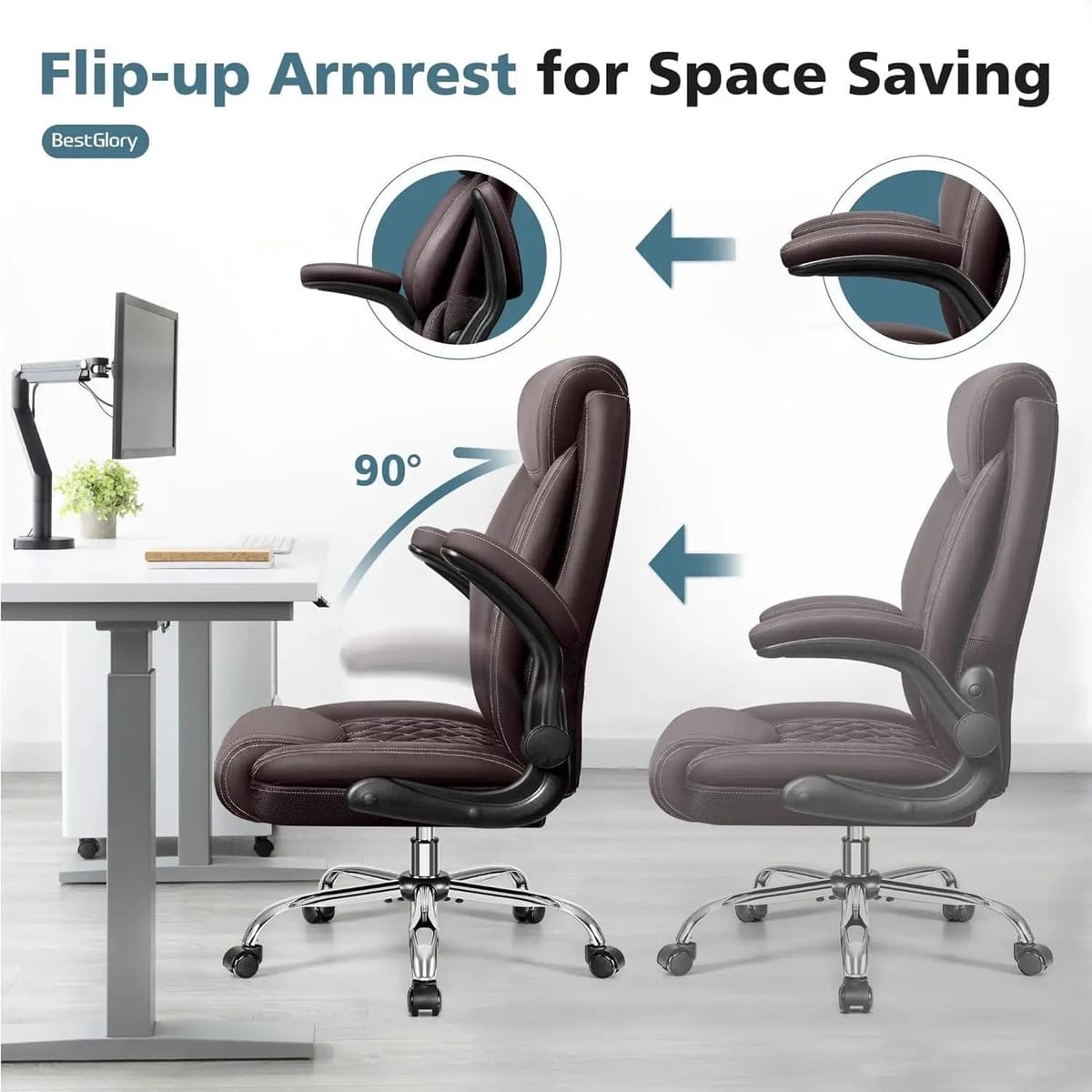 Big and tall BestGlory ergonomic office chair with high back, breathable leather, lumbar support, flip-up arms, and rocking function.