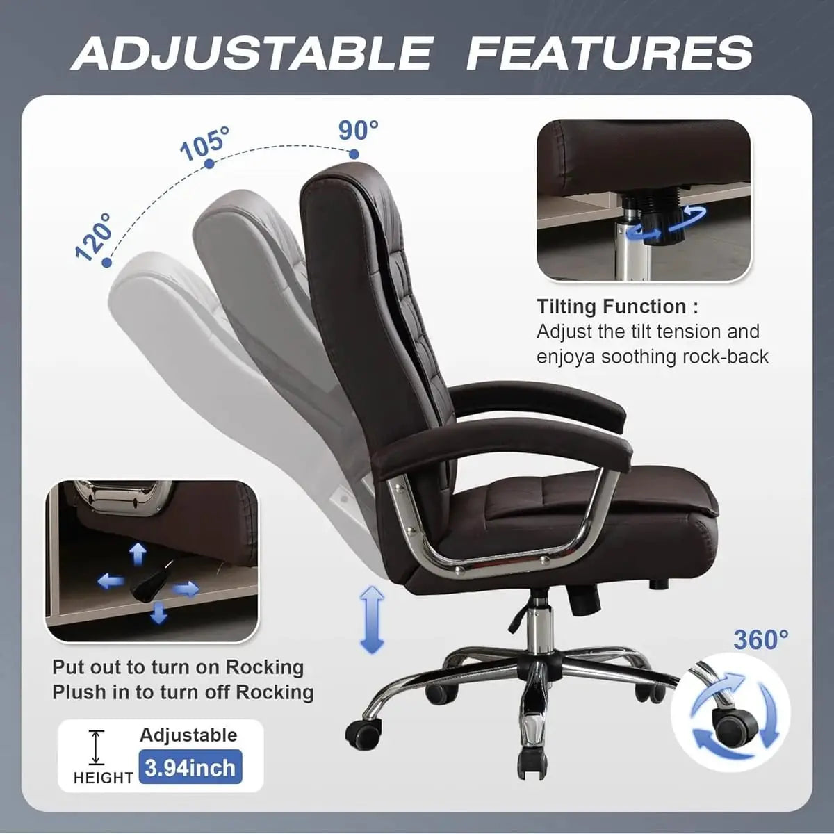 Executive Office Chair Adjustable Leather Chair High Back Swivel Office Desk Chair with Padded Armrest 350Lbs Load-Bearing Spring Seat Computer Desk Chair for Home Office, Brown