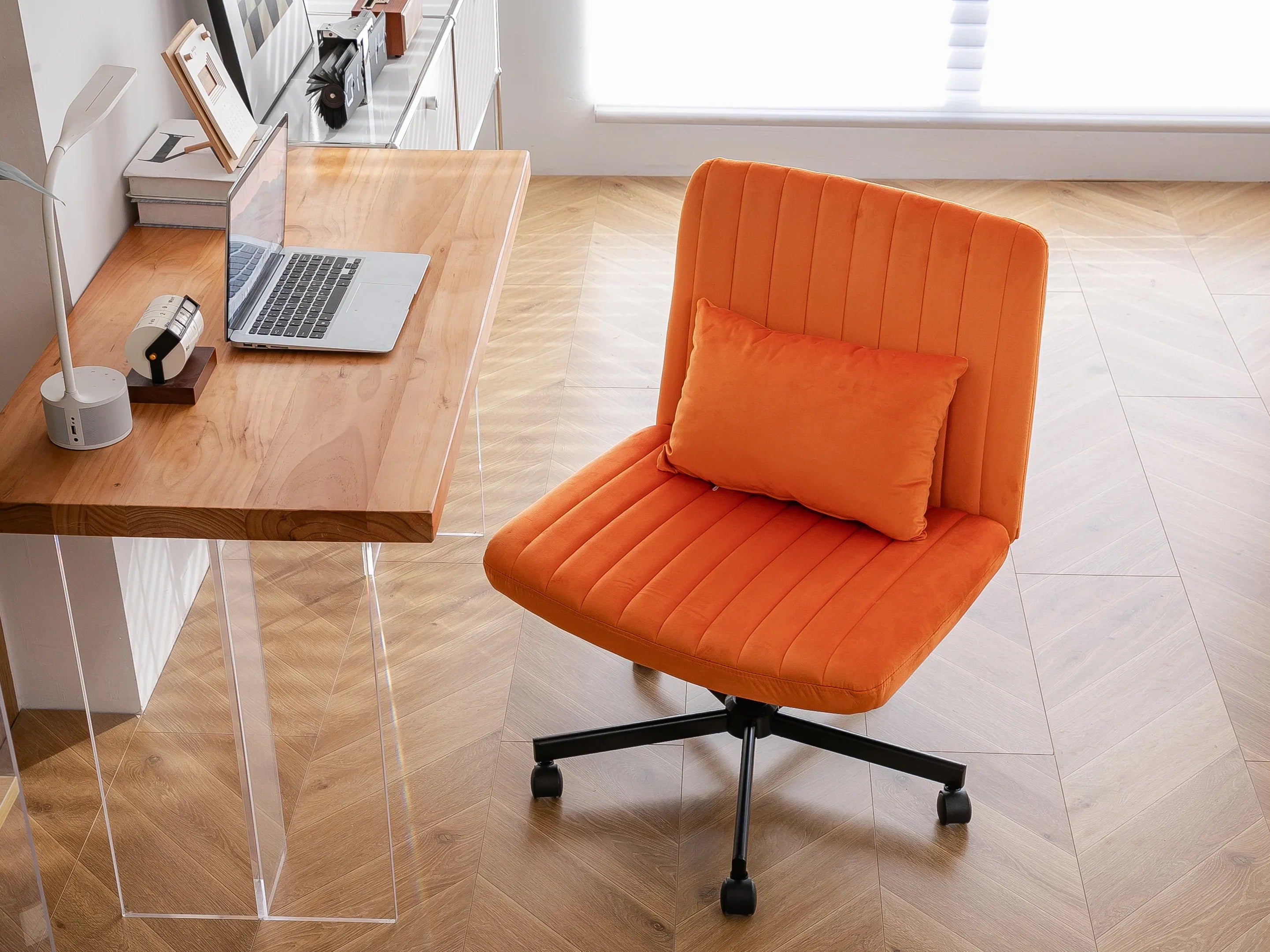 Orange Velvet Criss Cross Armless Office Chair With Wheels