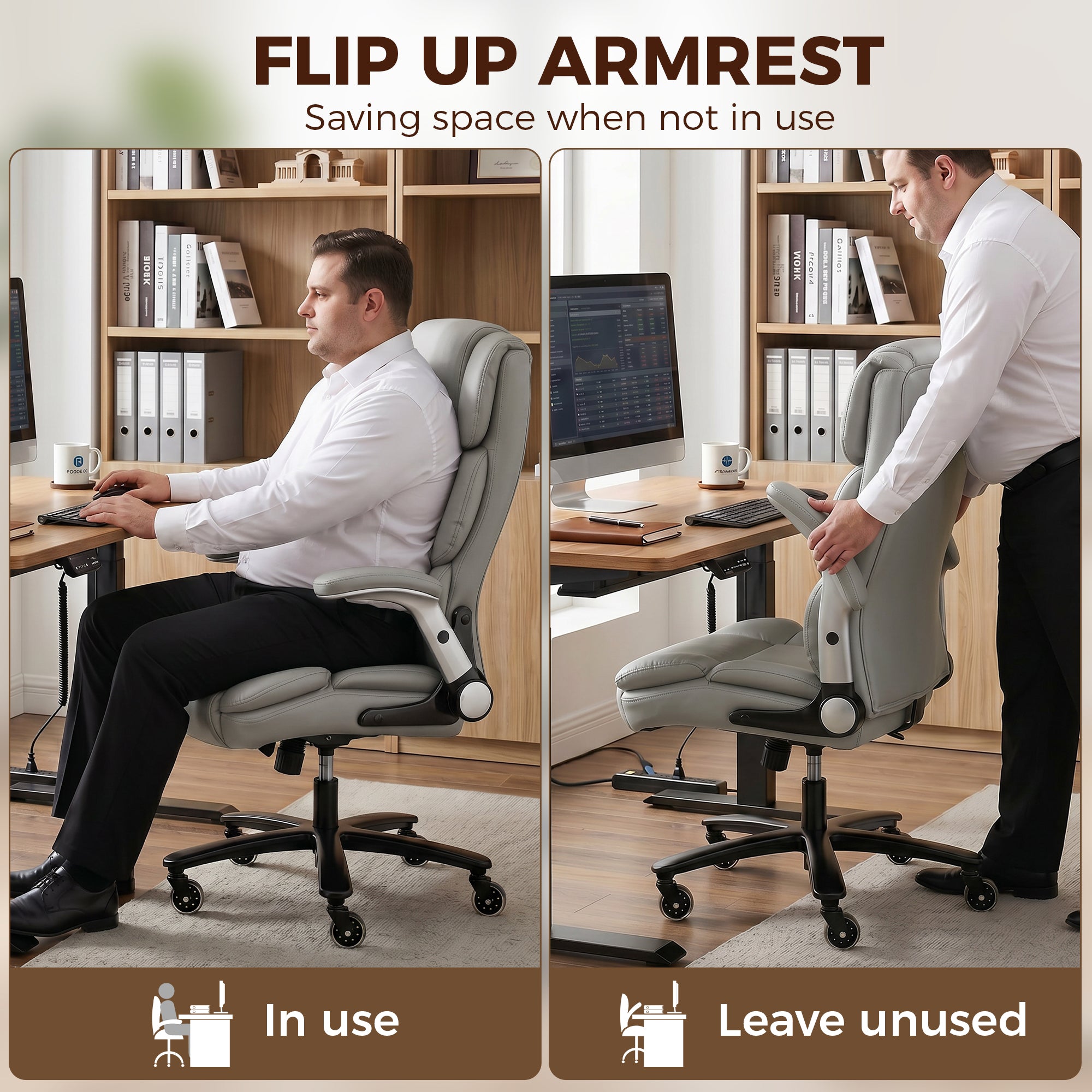 Light gray ergonomic office chair with flip-up armrests