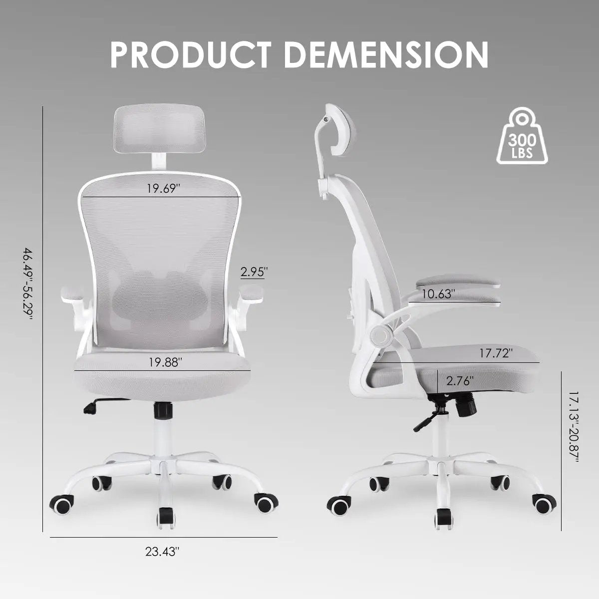 Ergonomic office chair in white and gray with mesh back, headrest, armrests, and adjustable lumbar support.
